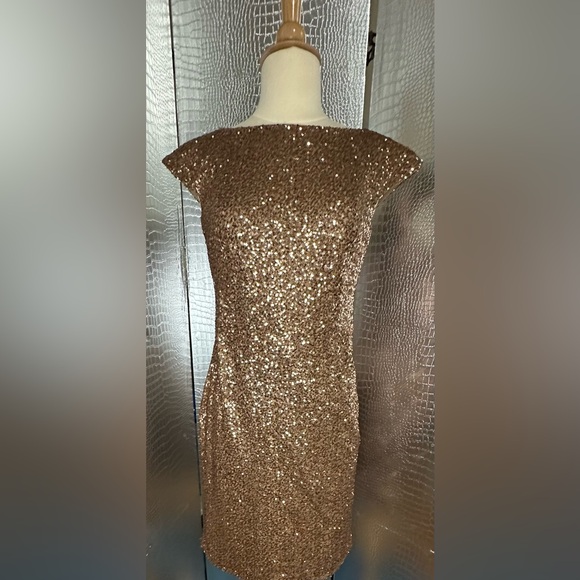Ralph Lauren Elegant Gold Bronze Sequin Mini Dress Cocktail Party Size 2 - Picture 1 of 8